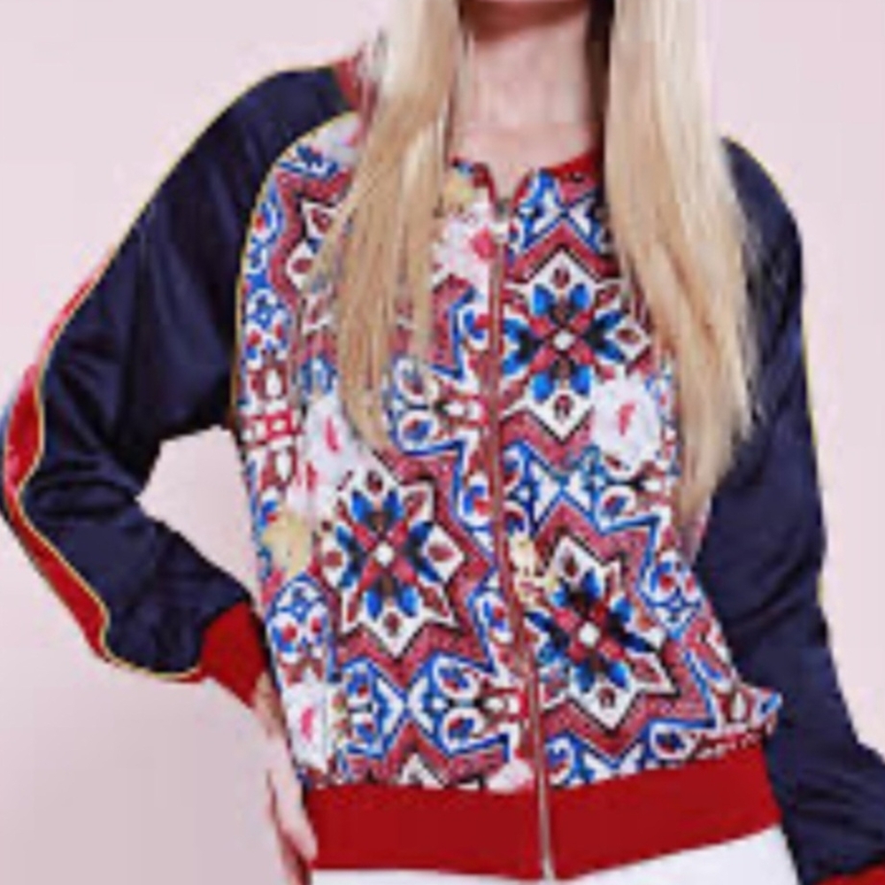 Red and Blue Geometric Bomber Jacket with Zipper Closure